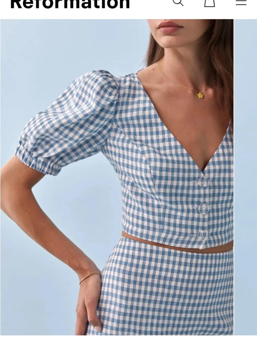Reformation Ethel Two Piece Set Blue Gingham Mini Skirt Puff sleeve crop top 12
